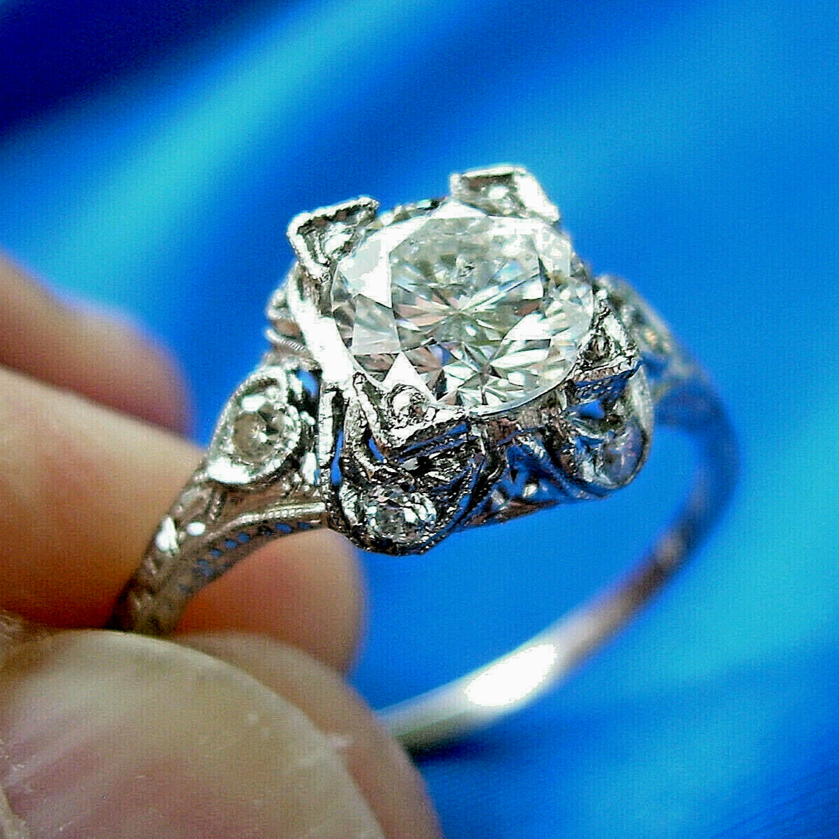Original EARTH MINED DIAMOND Deco Engagement Statement Ring PLATINUM Solitaire 7