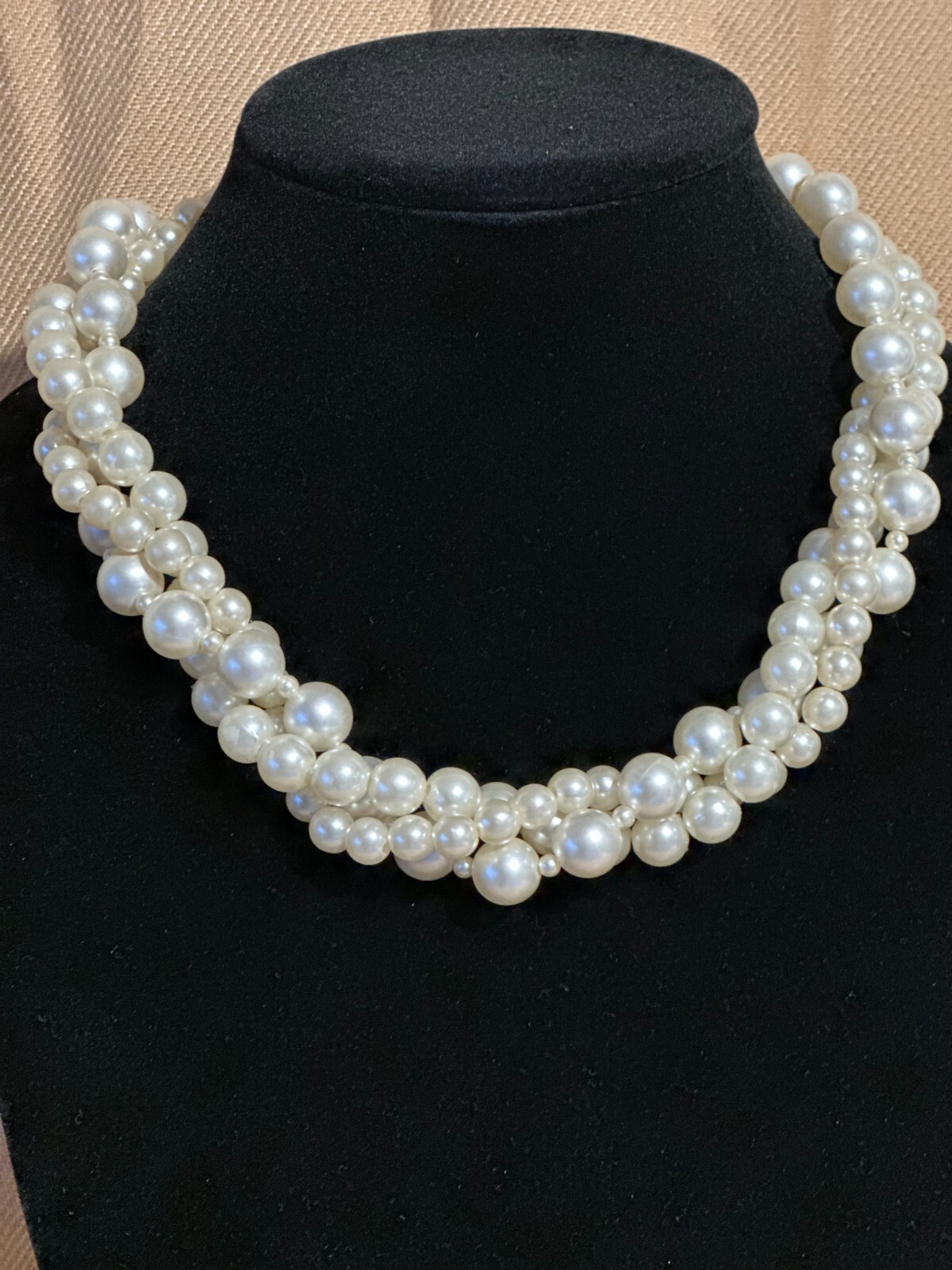 Vintage white plastic round beads necklace. 3 strands.