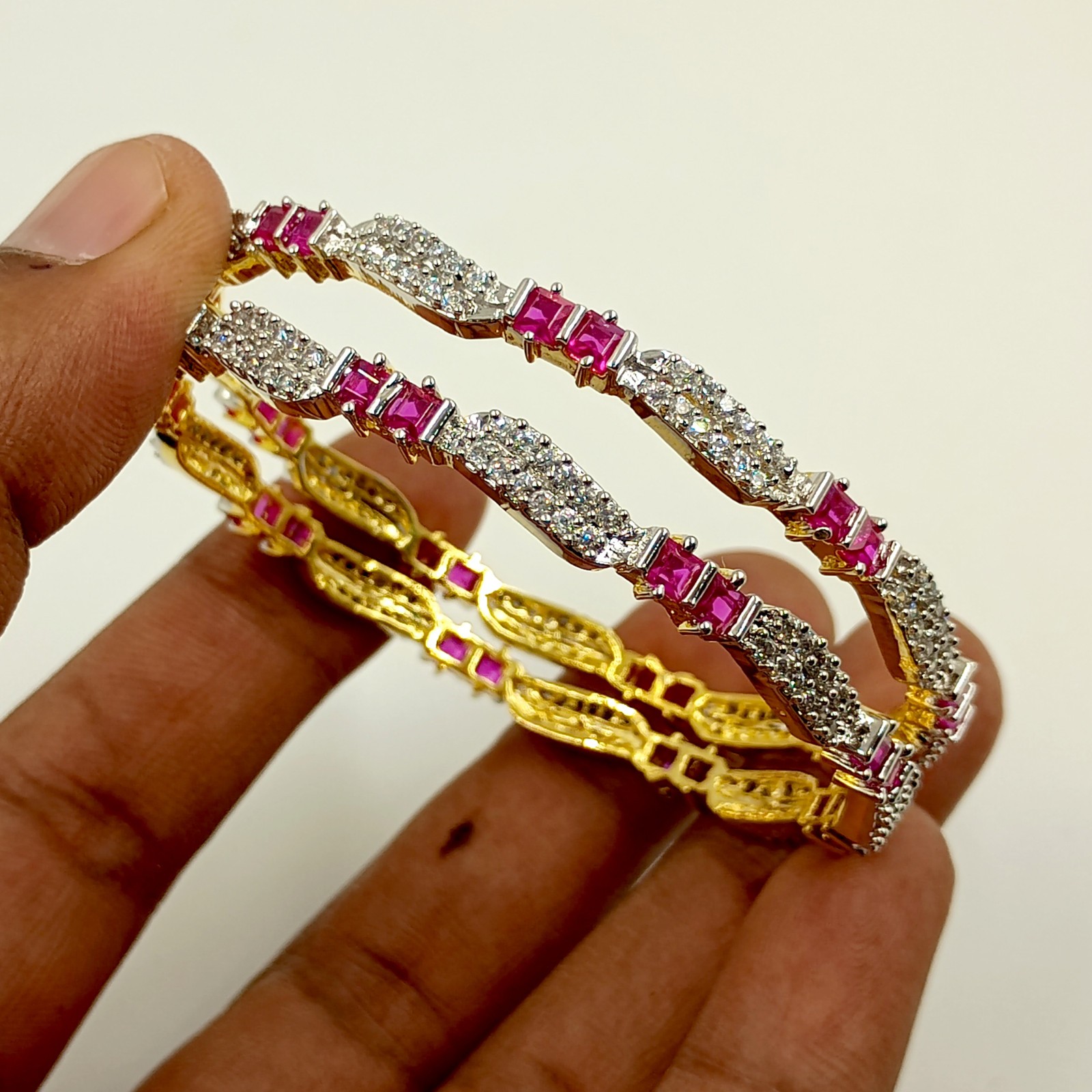 Designer Ruby & Cubic Zirconia Bangle Set Handmade 22K Gold Plated Ethnic Style