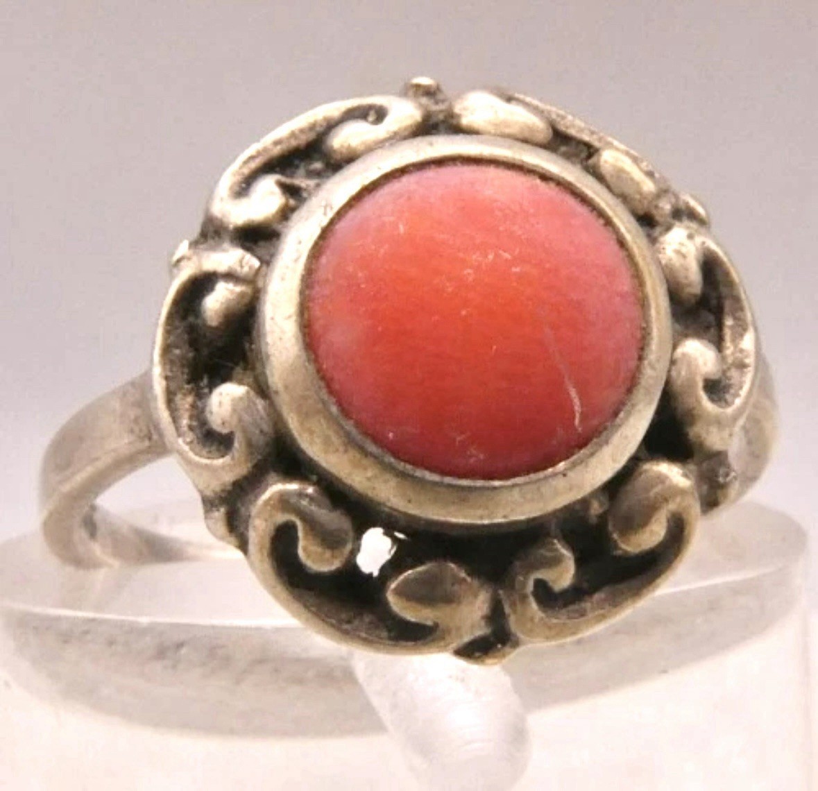A11 Size 2 Christening ANTIQUE Historic 1890s 6mm Red Coral 835 Silver Ring