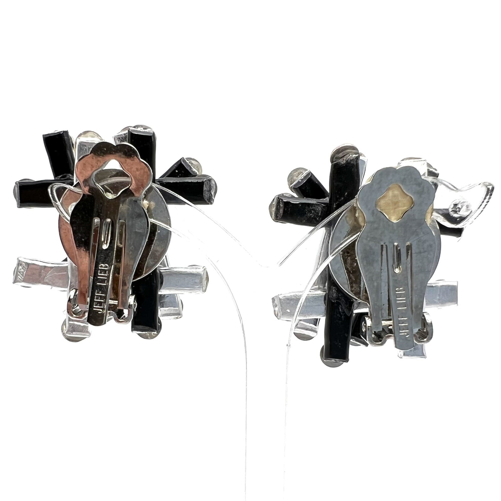 Vintage 1980s Jeff Lieb Black Silver Rhinestone Clip Earrings