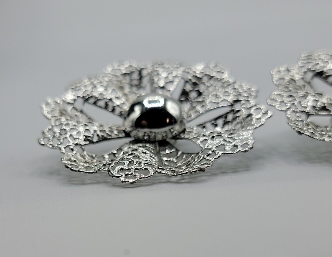 Vintage Sarah Coventry Statement Earrings Huge Flower Filigree Lace Clip On 1.5”