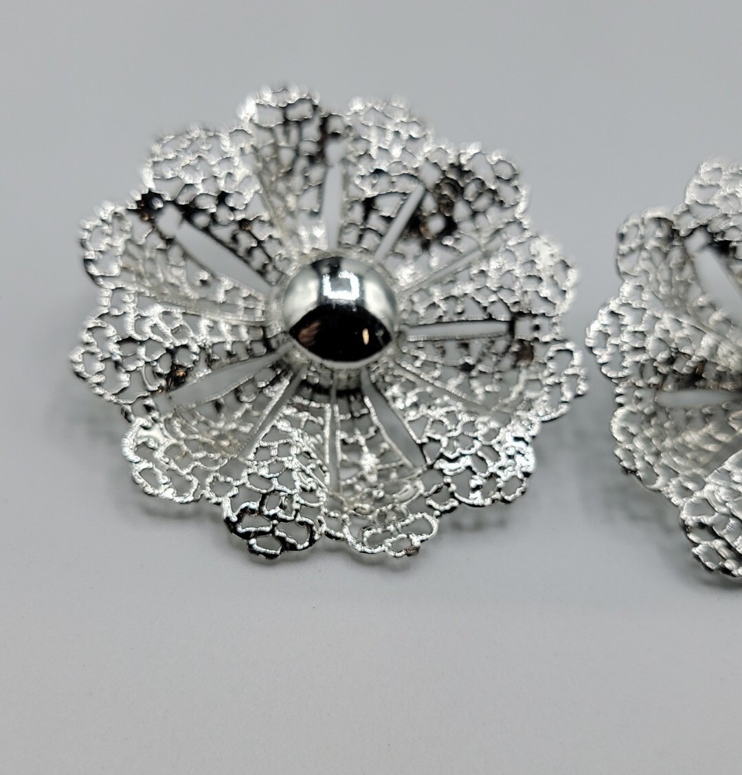 Vintage Sarah Coventry Statement Earrings Huge Flower Filigree Lace Clip On 1.5”
