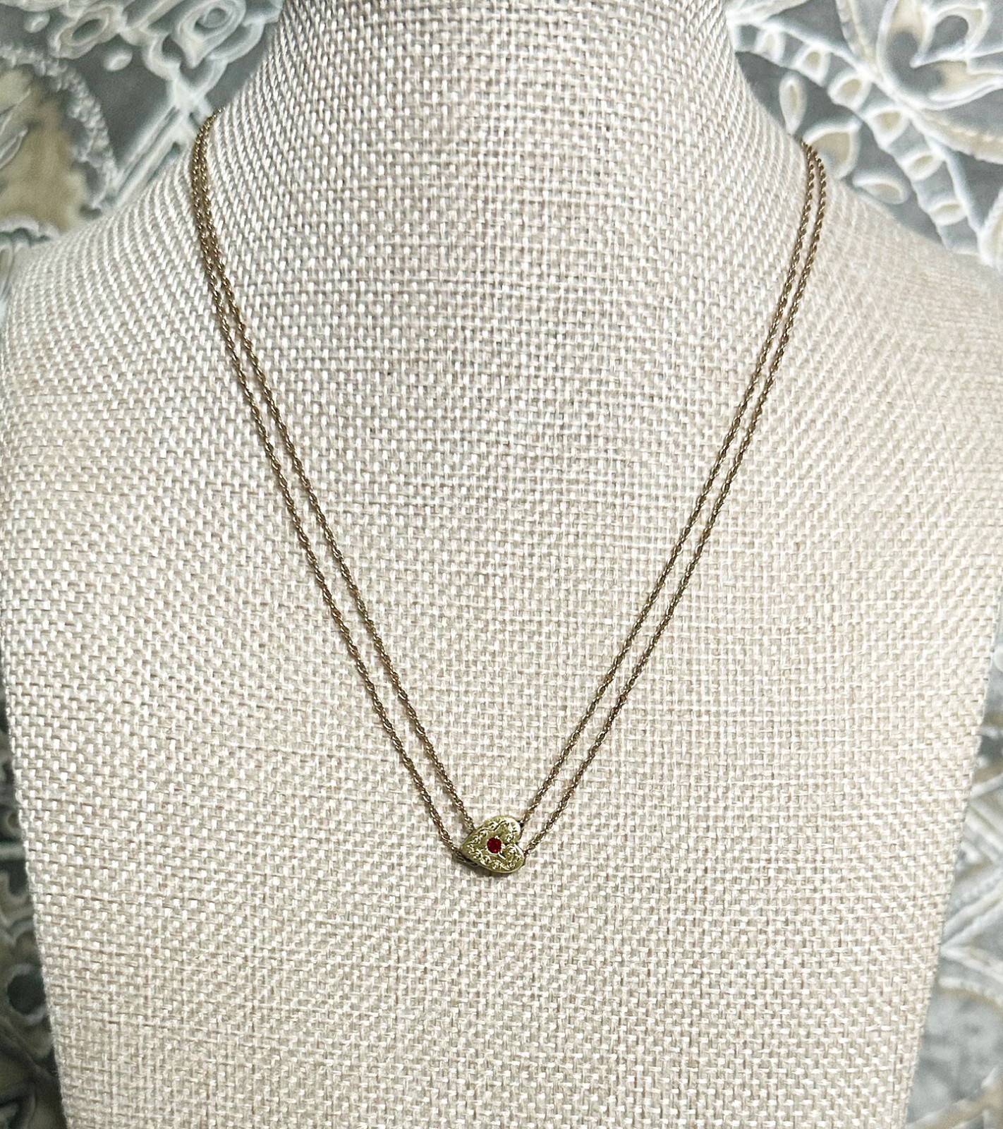 14K Victorian WATCH CHAIN necklace with Ruby Heart Shaped Slider & clip/fob