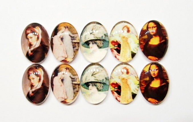 10 of 25x18mm Glass Victorian Art Deco Women Cameos, 5 Different Scenes, Nice