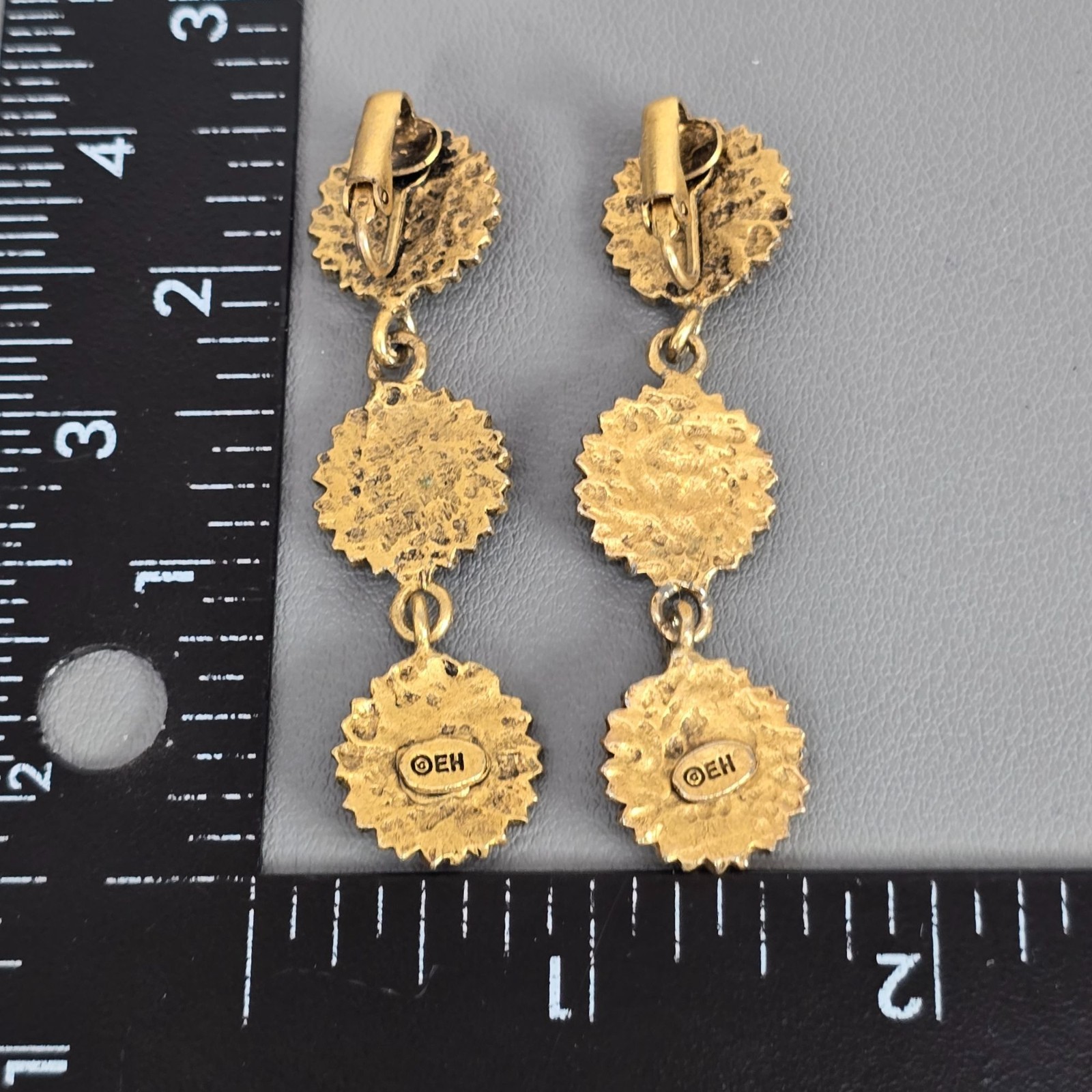 Vintage Elvind Hillestad EH Gold-Tone Triple Daisy Flower Drop Clip-On Earrings