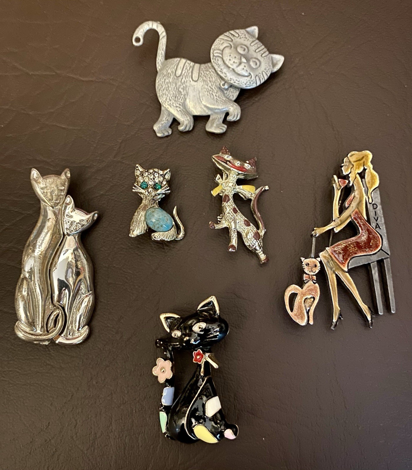Vintage Lot Of 6 Cat Theme Crystal Rhinestone Enamel Brooch Whimsical Pins
