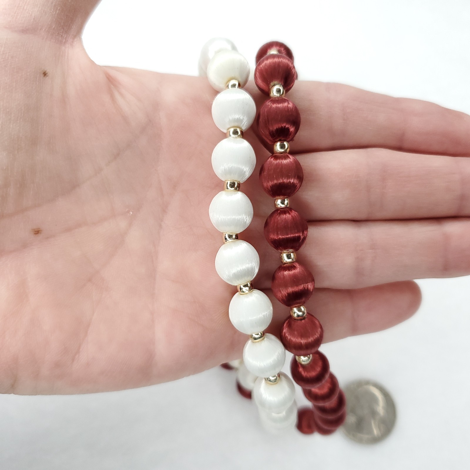 Vintage Satin Beaded Necklace White Burgundy Red Gold Tone 29″ 32″