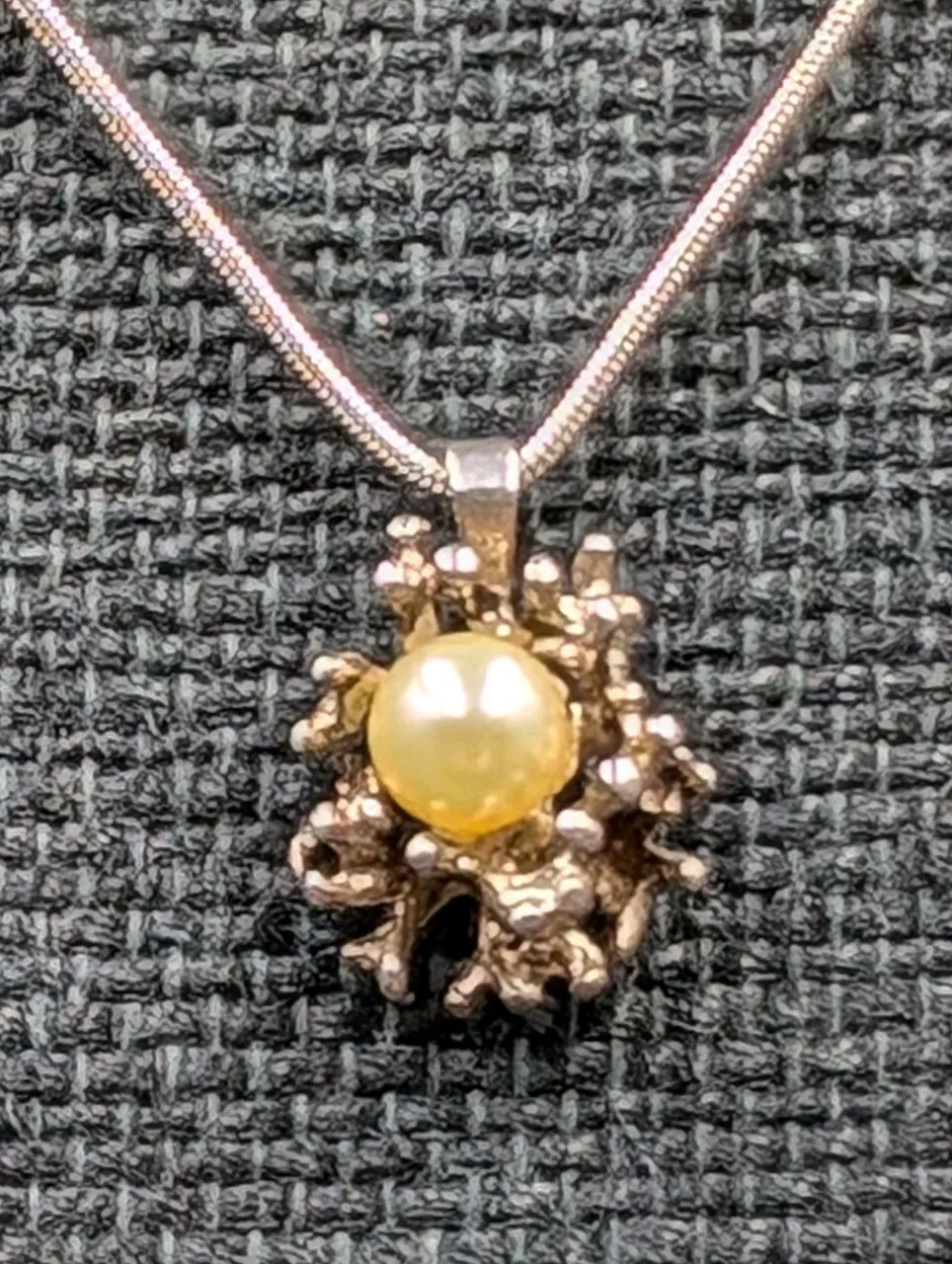 Vtg Sterling Silver Pearl Brutalist Bird Nest Pendant 16″ Snake Chain Necklace