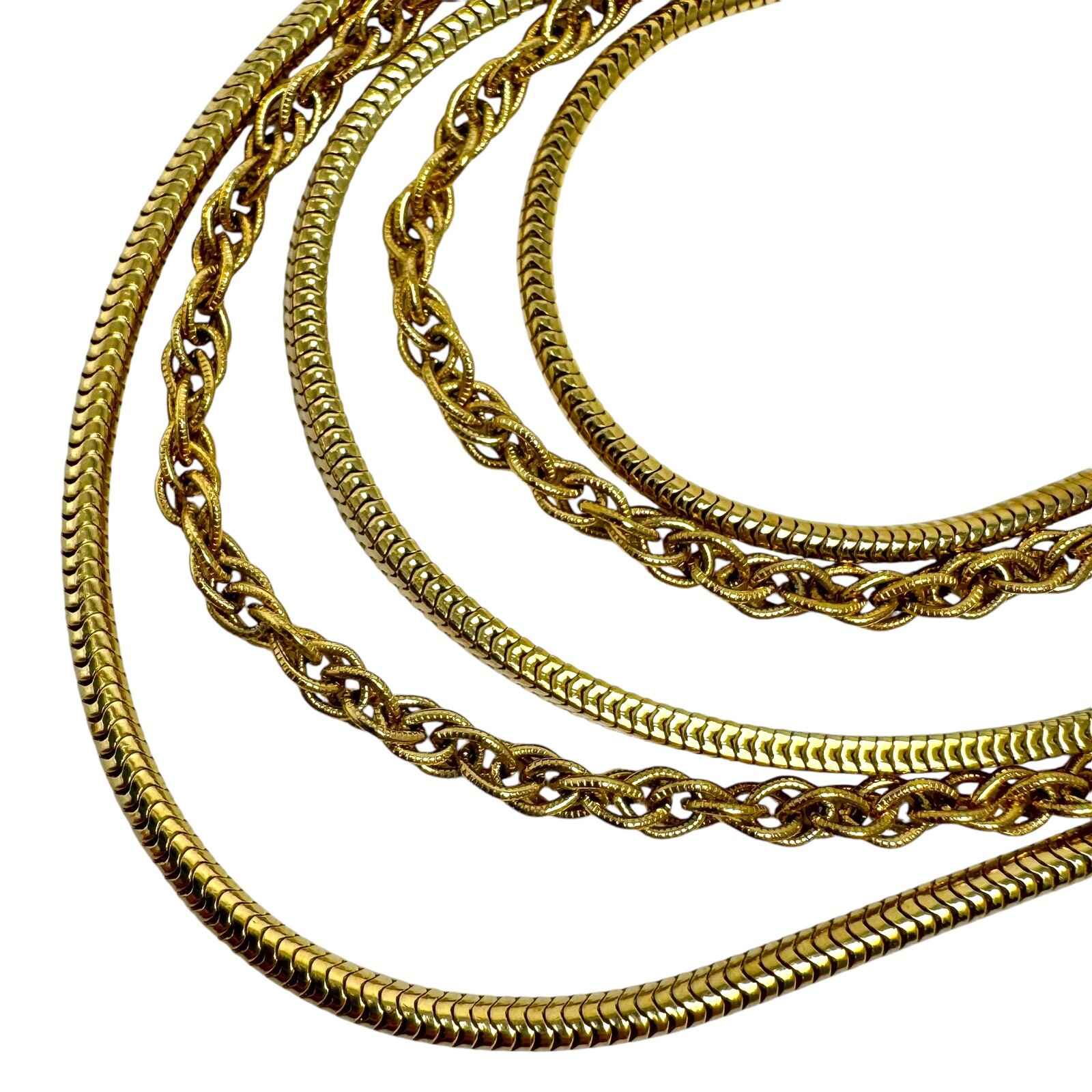 Vintage Gold Tone 5 Layered Flat Serpentine and Multilink Chain Collar Necklace