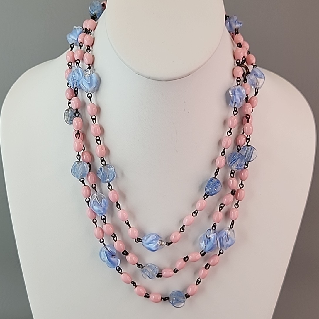 Vintage Art Deco Beaded Necklace Blue Givre Pink Milk Glass 59″ Long Flapper
