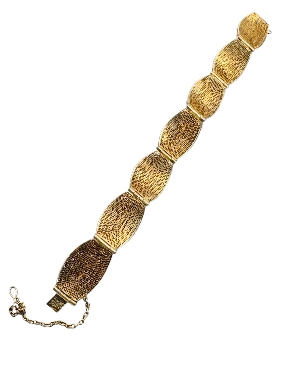 Vintage Chinese Export Gilt Silver Enamel Mesh Filigree Bracelet Tigers Eye Nice