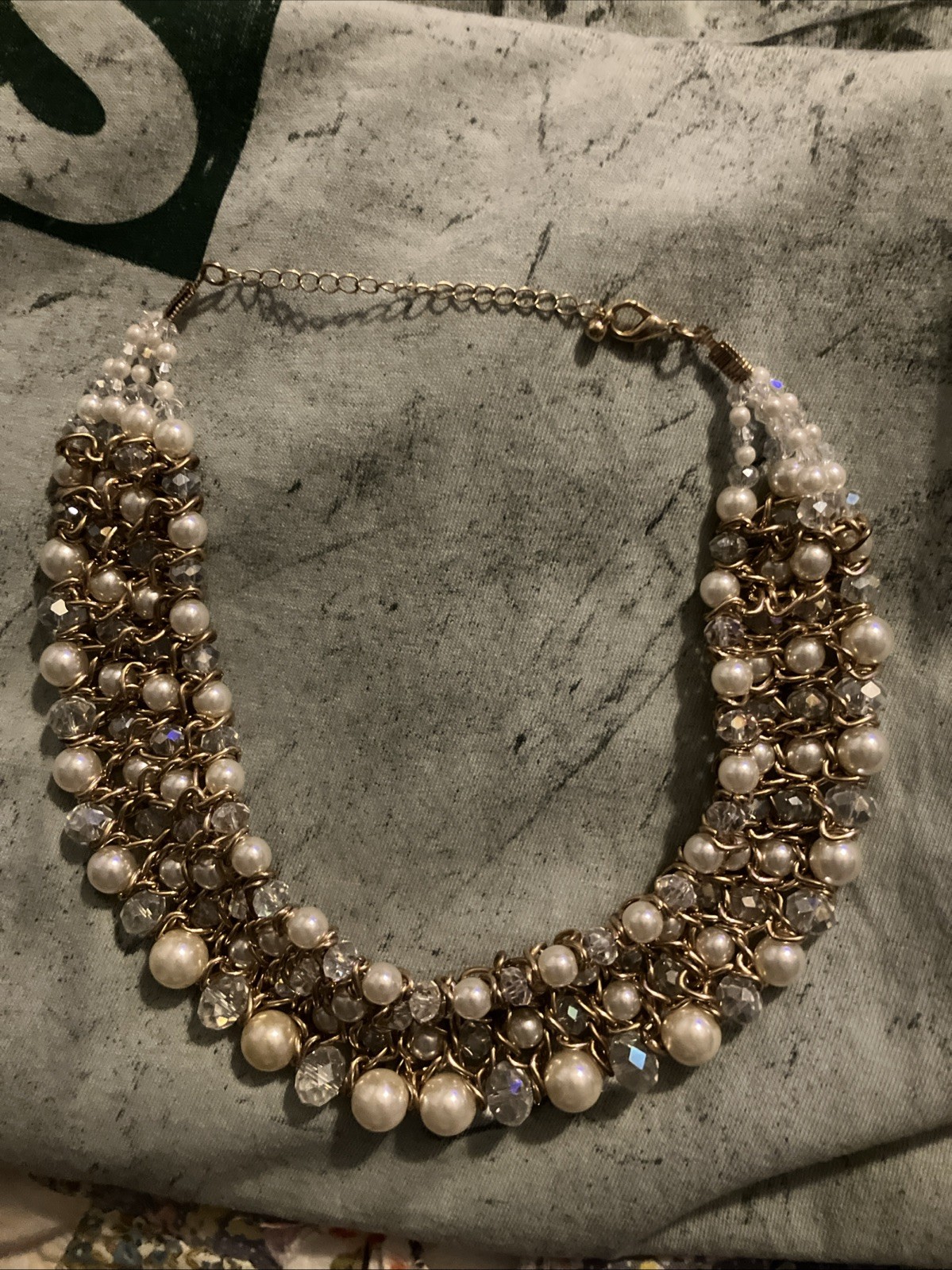 Faux Pearl Jewelry Set 4 Row Cowl Necklace Wide Cuff Bracelet Heavy Glass Beads