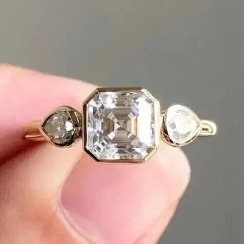2.50Ct Asscher Lab Created Diamond 3-Stone Anniversary Wedding 14K Gold FN Ring