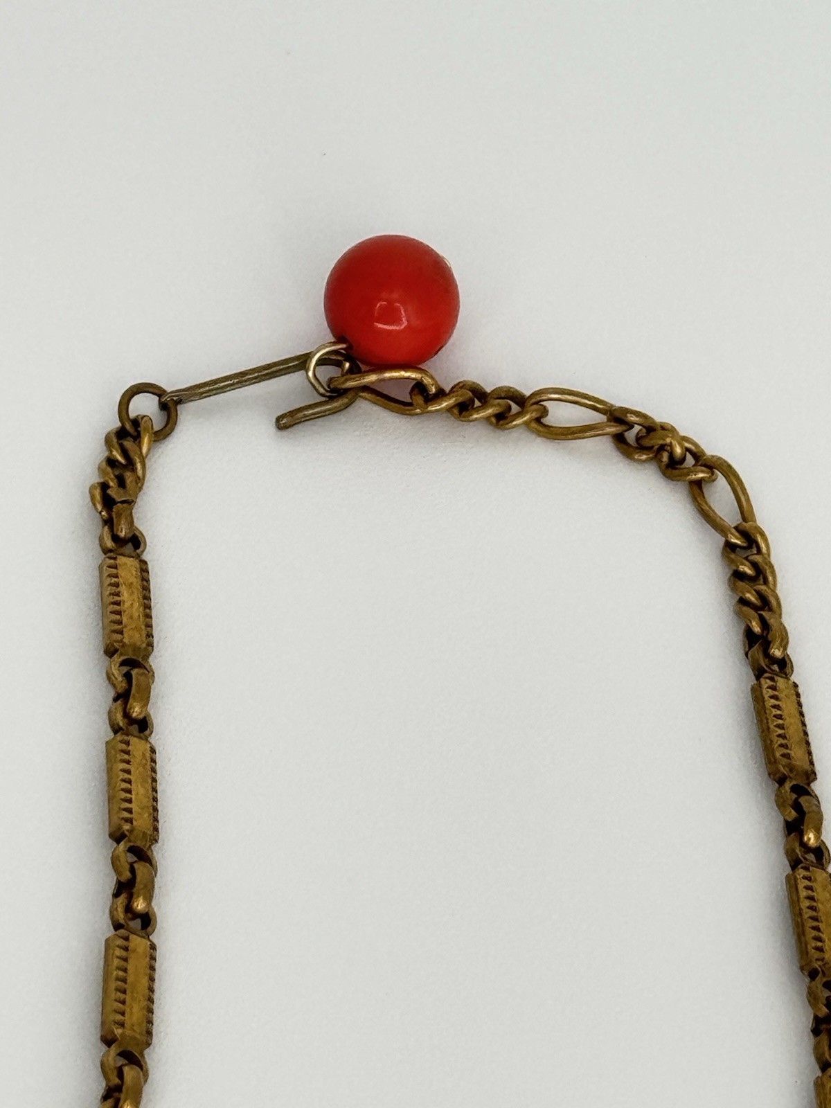 Vintage 1920s-1930s Art Deco Czech Faux Coral Cameo Brass Tassel Necklace