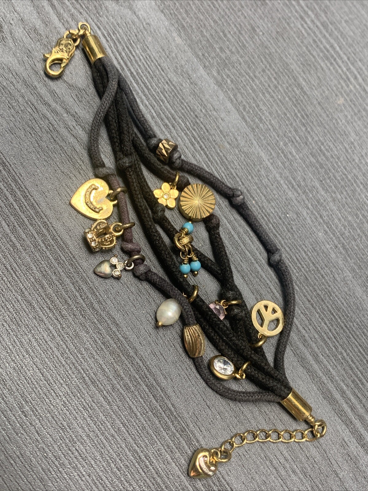 Vintage Juicy Couture Charm Pearl Bracelet Black Cotton, Multi Strand 6.5-7.5”