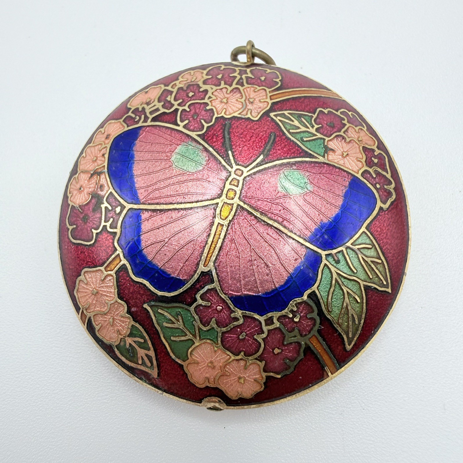 Vintage Cloisonne Butterfly Pendant Enamel Red Blue Peach Floral Double Sided