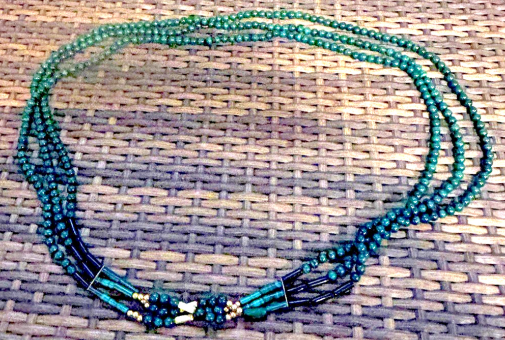 Vintage Malachite Triple Strand Beaded Necklace With Gold Bead Accents And Bars