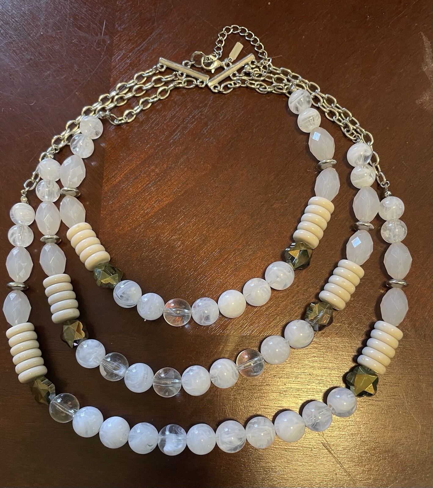 Lani Three Strand Necklace/Silvertone 17” /Various Material
