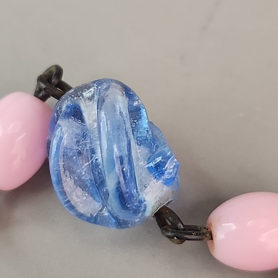 Vintage Art Deco Beaded Necklace Blue Givre Pink Milk Glass 59″ Long Flapper
