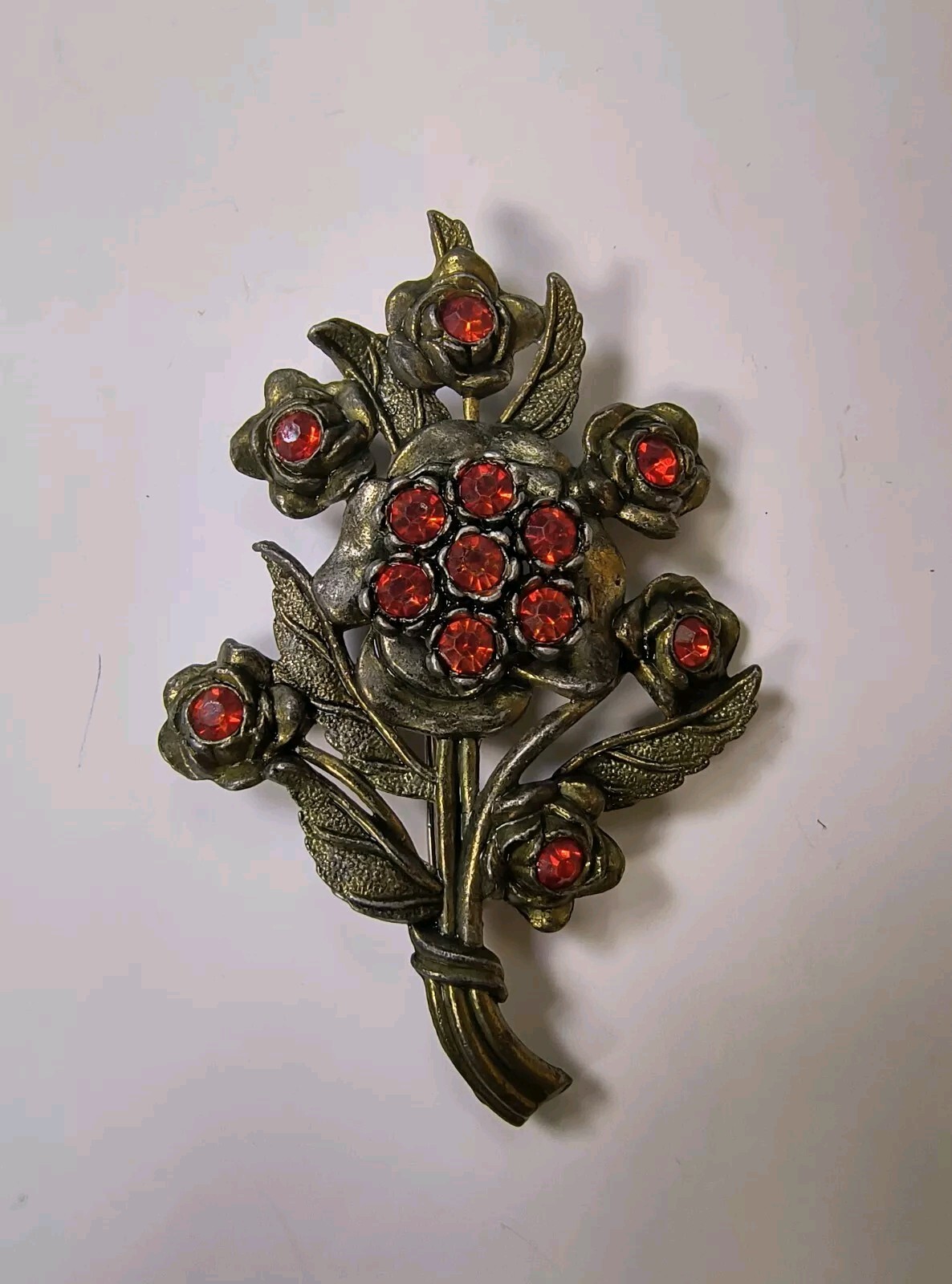 Vintage Little Nemo L/N 25 Floral Brooch Orange Rhinestones Bronze Tone