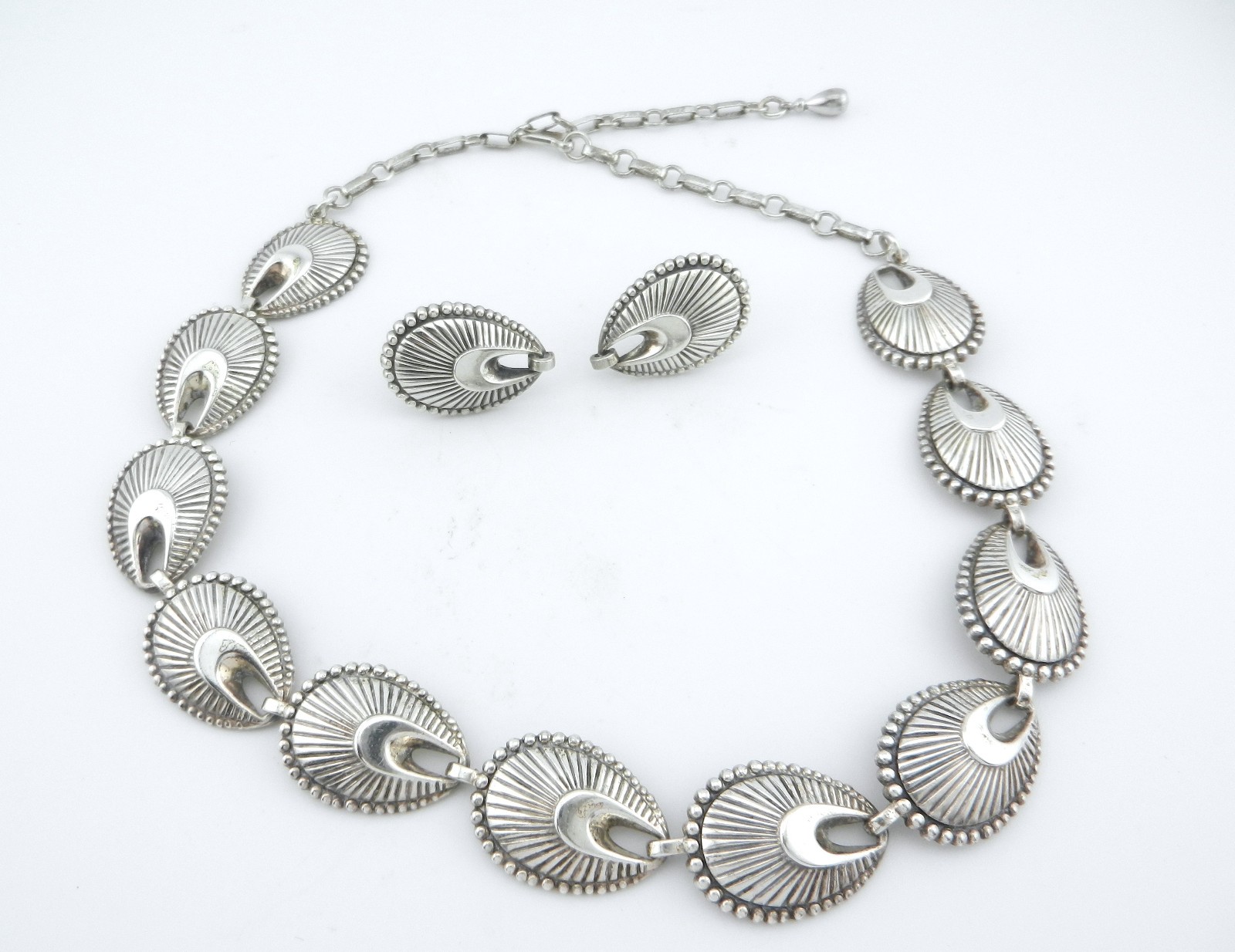 Danecraft Sterling Link Necklace Screw Earrings Scalloped Shell Fan Shape Set