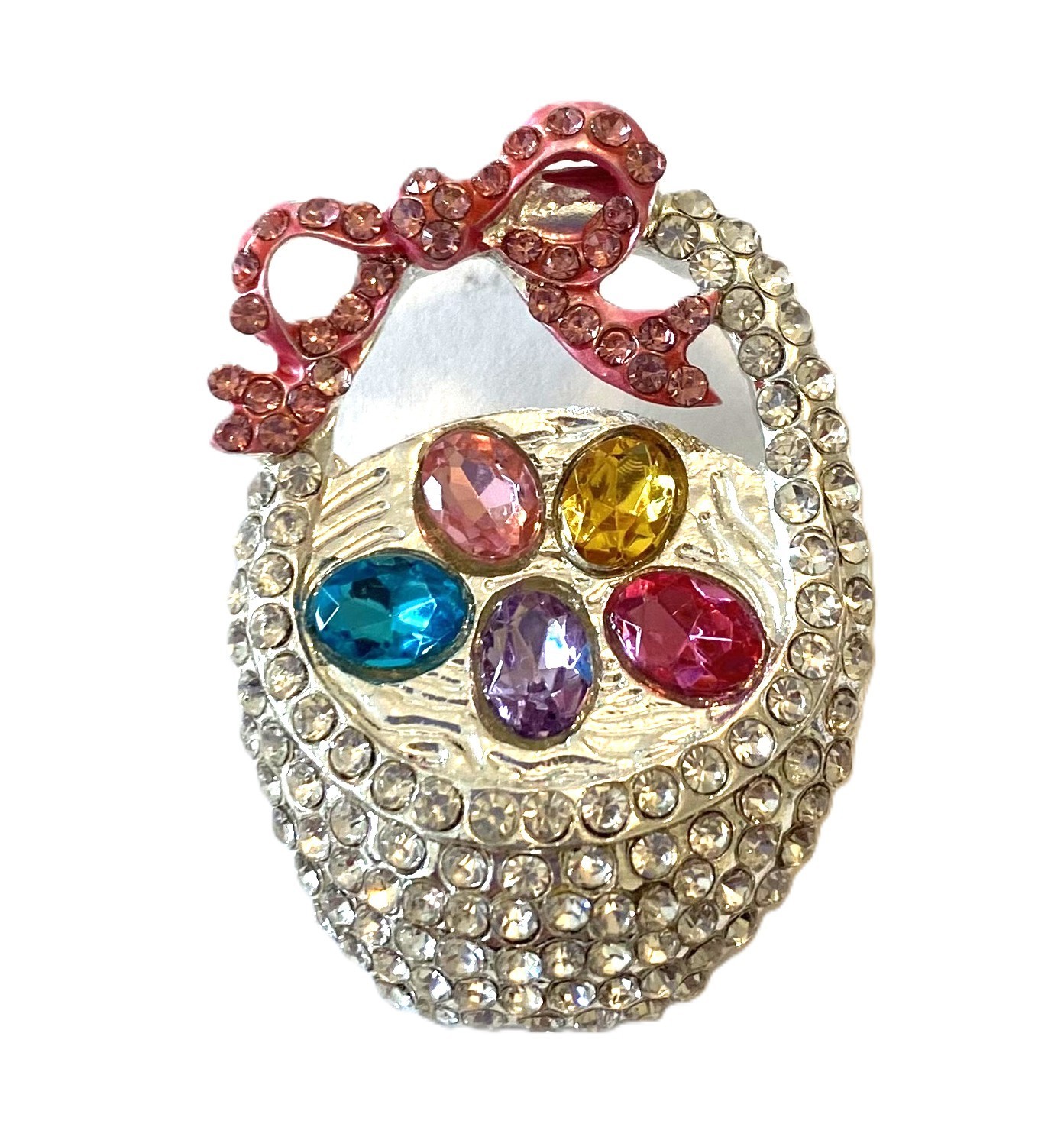 ADORABLE EASTER EGG BASKET BROOCH! Cute Spring, Easter Fun. Silver Tone Pin.
