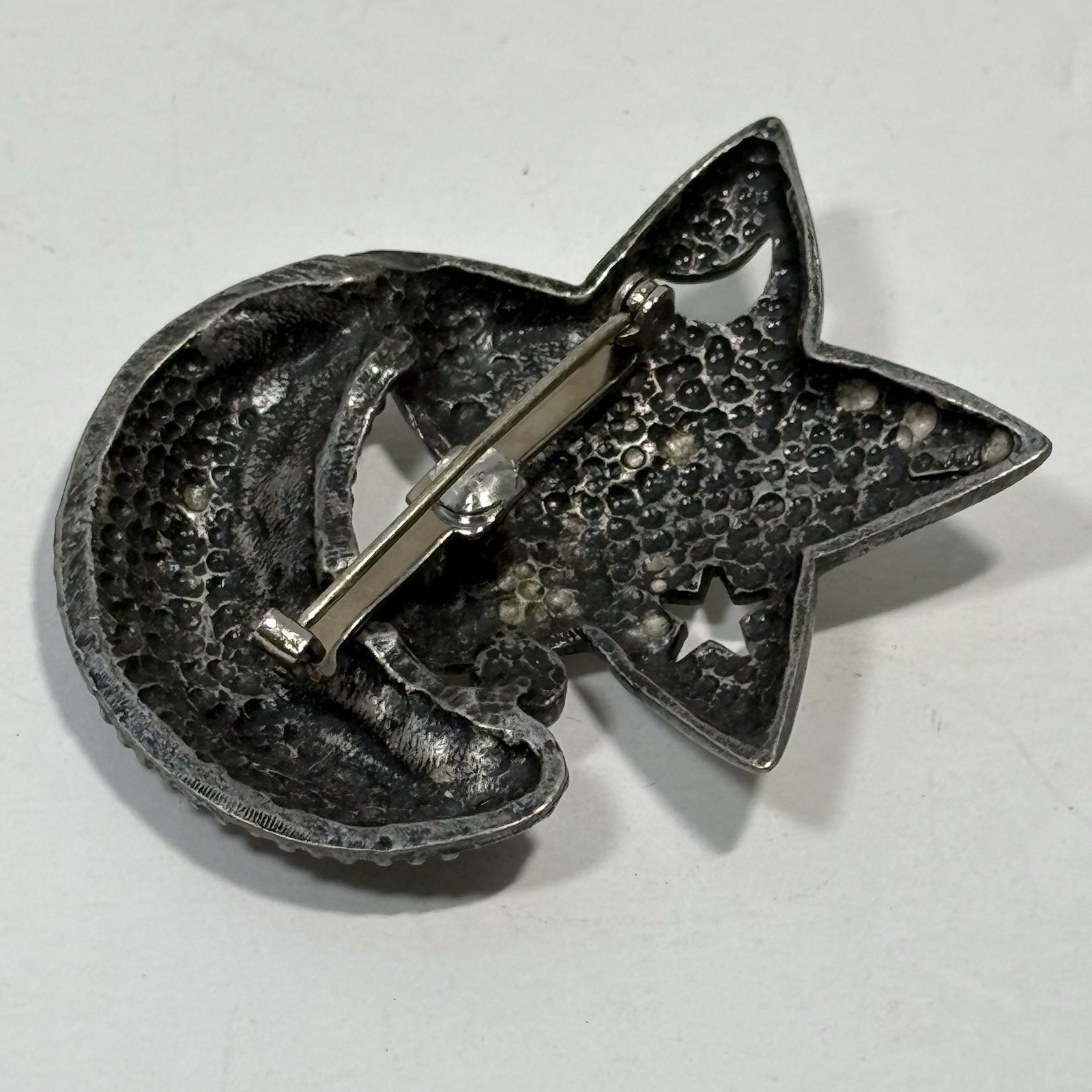 Vintage J.J Jonette Pewter Star Crescent Moon Pin Crystals Pierced Celestial 2″