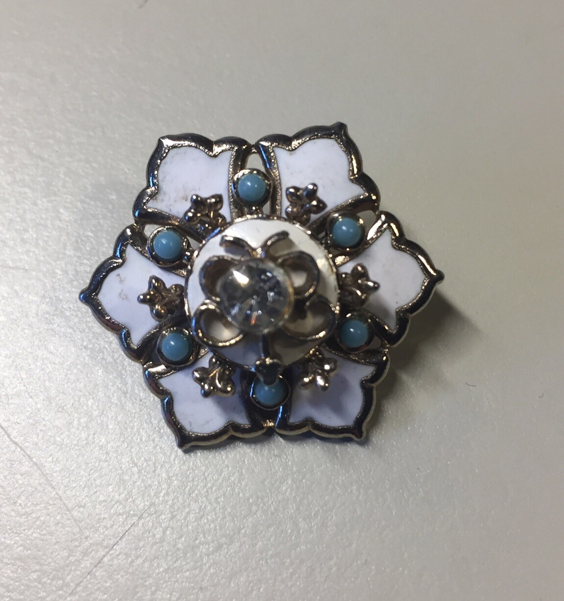 Vintage Rhinestone Enamel Turquoise Flower Brooch