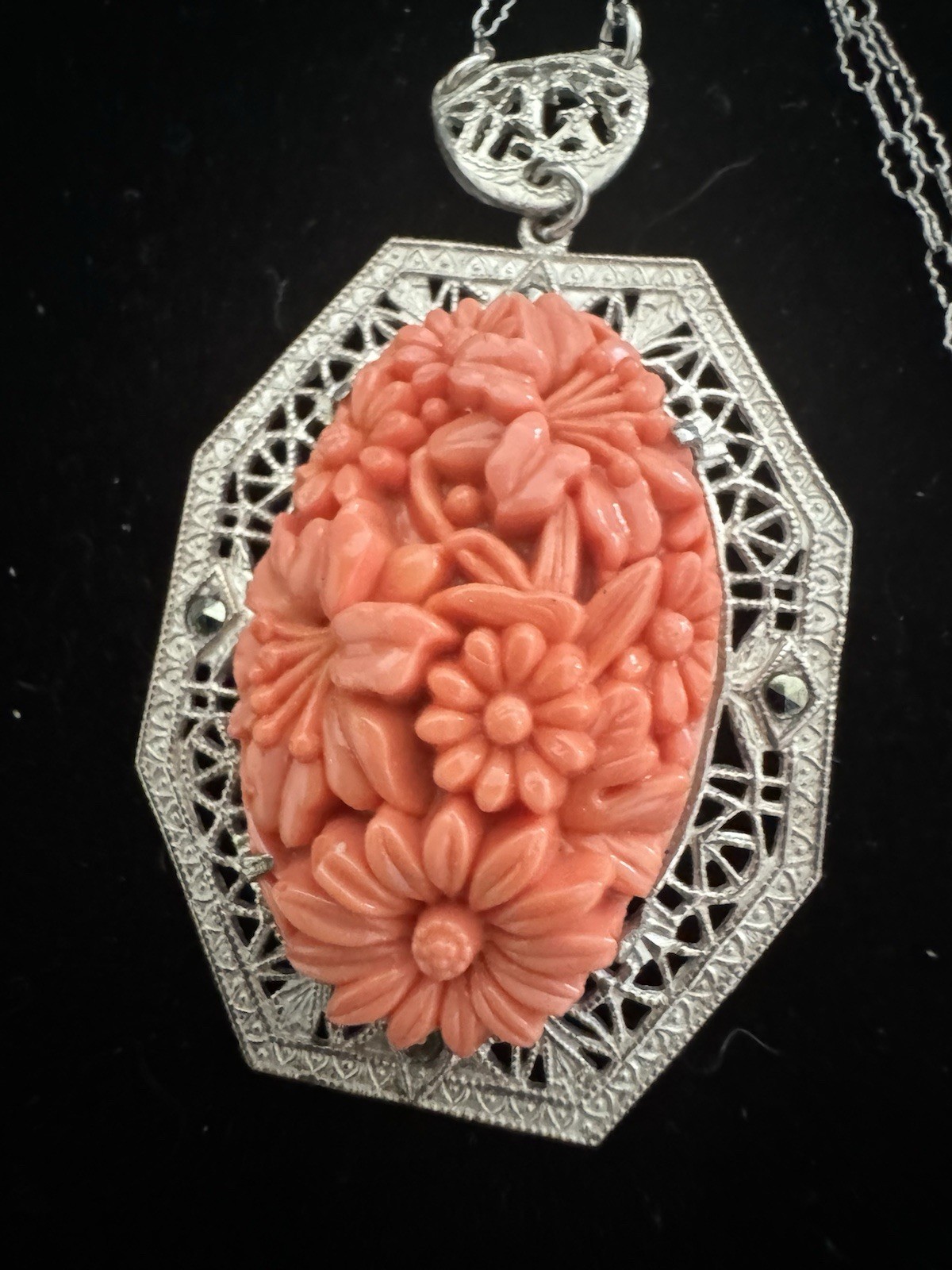 Antiqued ART DECO designed GERMANY faux Coral Carved Filigree Necklace Pendant