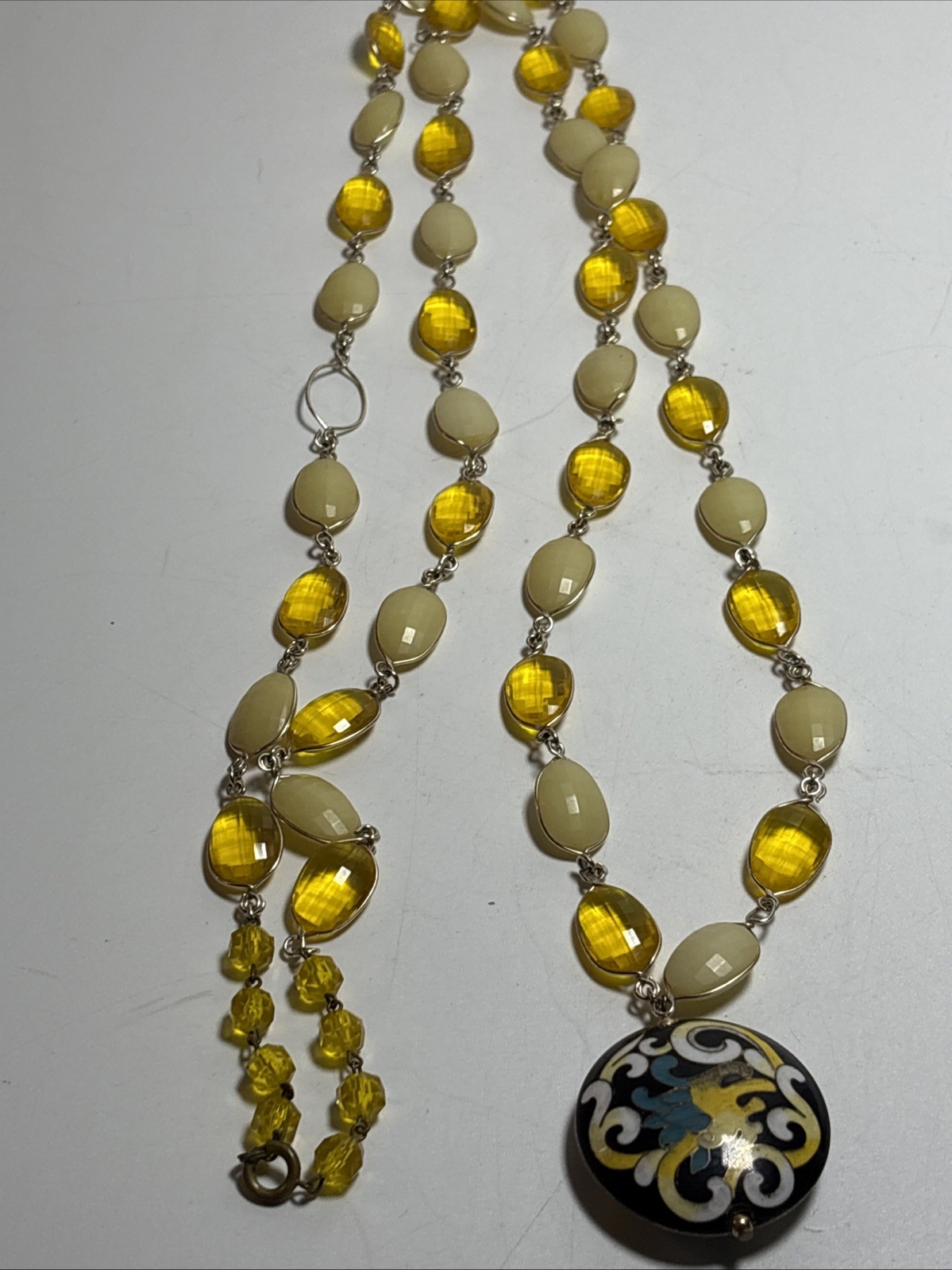 Vintage Cloisonne Pendant With Faux Yellow Plastic Gem Necklace 29″ Long