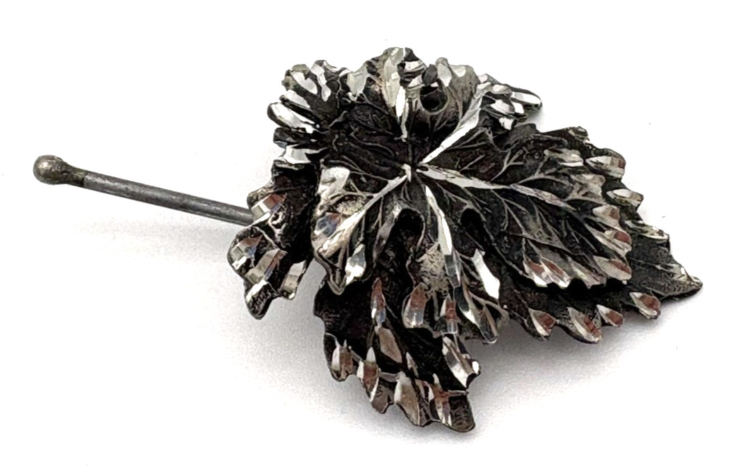 Vintage Pewter Hair Pin Ornament Overlapping Leaves Polished 2″