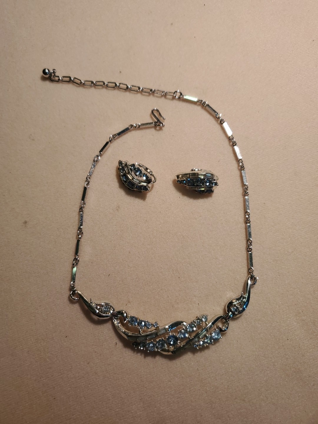 Coro Vintage Necklace Earrings Set, Blue Rhinestones Silvertone Setting, Fresh