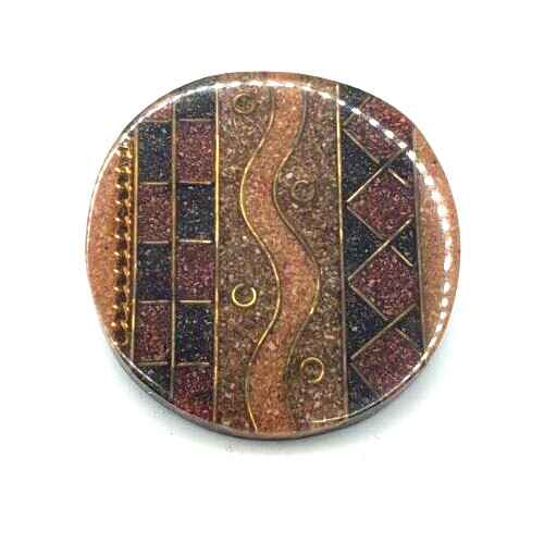 Vintage Plastic Resin Layered Brown Gold Black Round Geometric Pin 1970s
