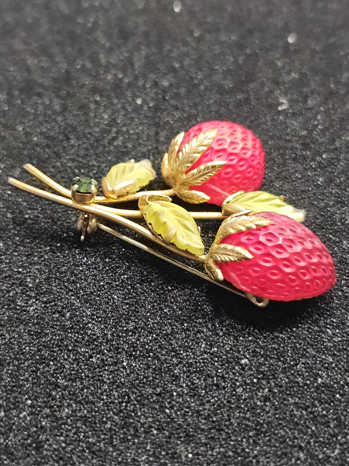 Vintage Austria Strawberry Brooch Frosted Red Glass Fruit Rhinestone Pin