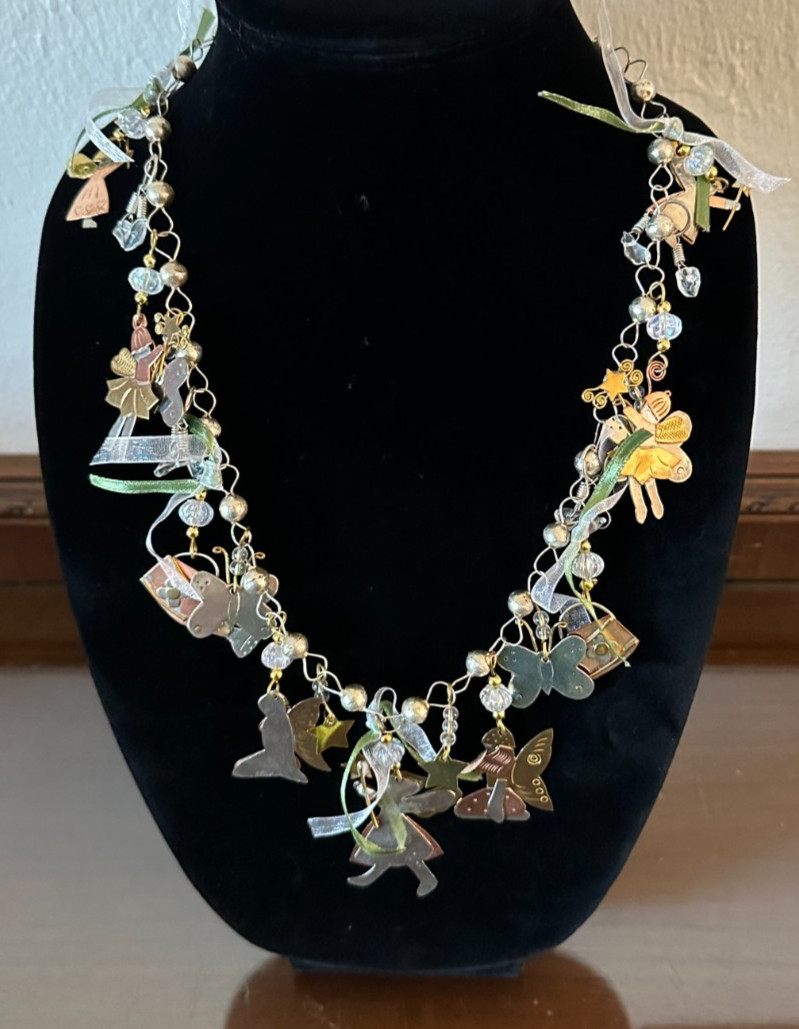 Vintage Charm Necklace, Brass & Silver Angels Kids Children, 19”
