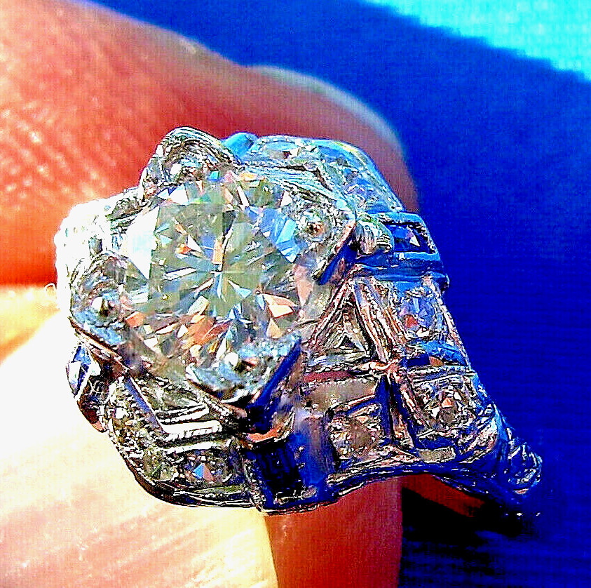 Original EARTH MINED DIAMOND Deco Engagement Ring 1 ct Vintage PLATINUM Sapphire