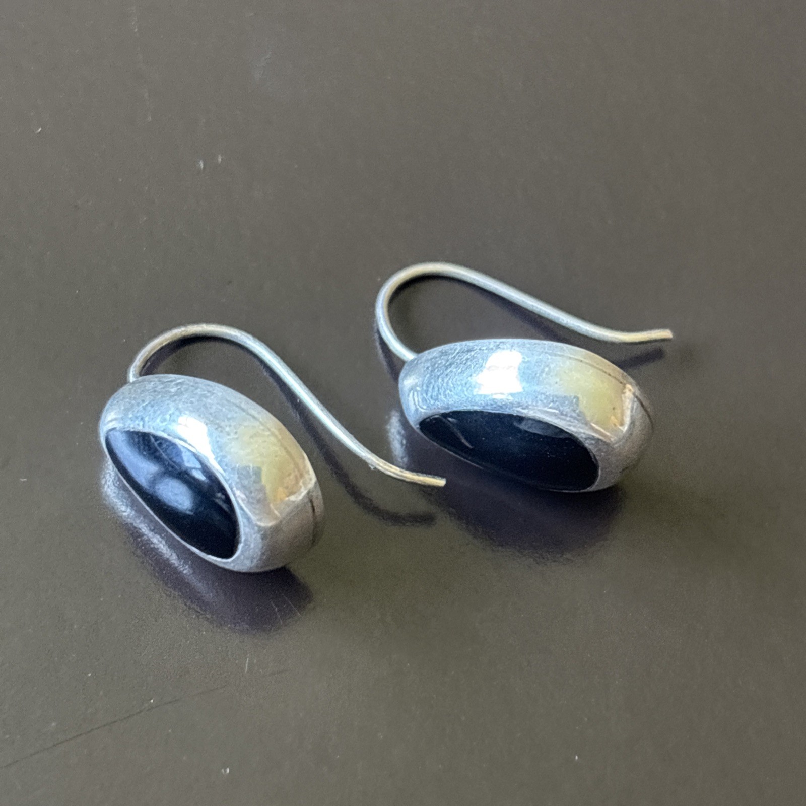 Vintage 925 Mexico Sterling Silver Onyx Teardrop Earrings .75” Modernist