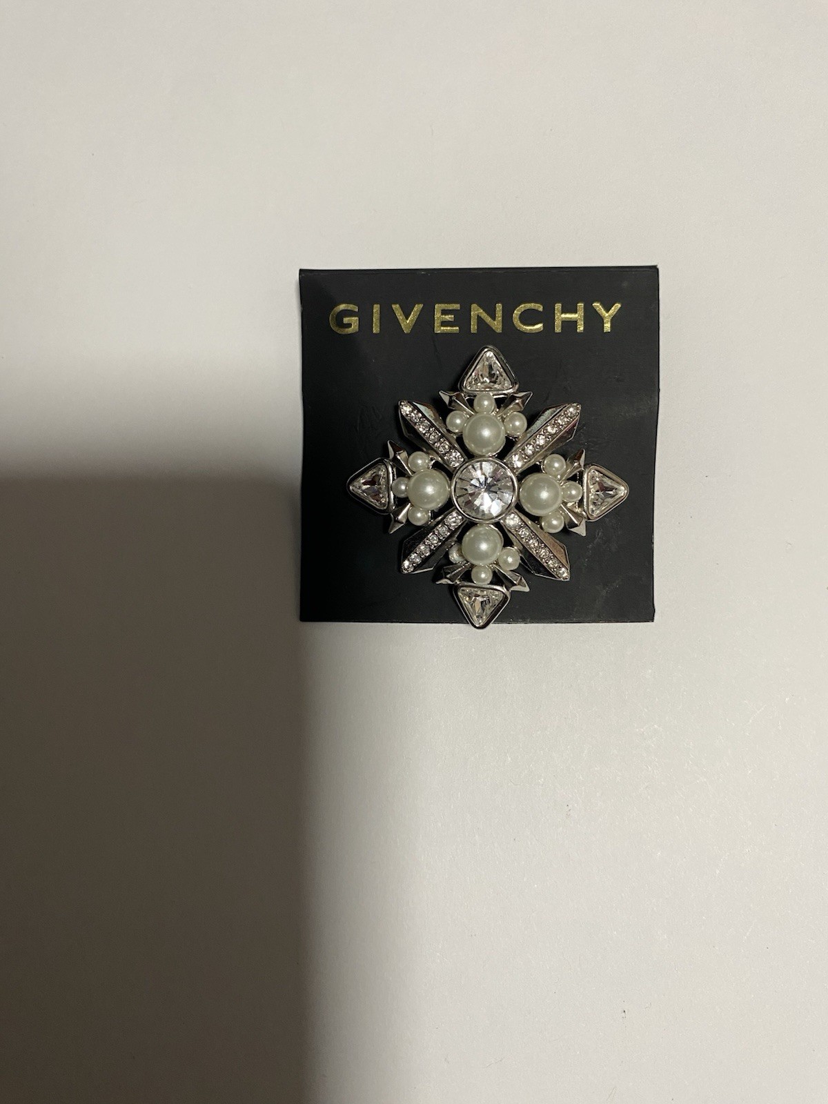 Vintage Givenchy Faux Pearls And Crystals Brooch, Silver Tone, Missing A Pearl