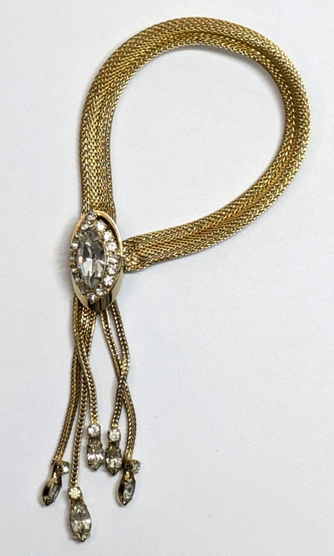 VTG Kramer Mesh Gold Tone Snap Tassel Bracelet Clear Rhinestones 7″ Long