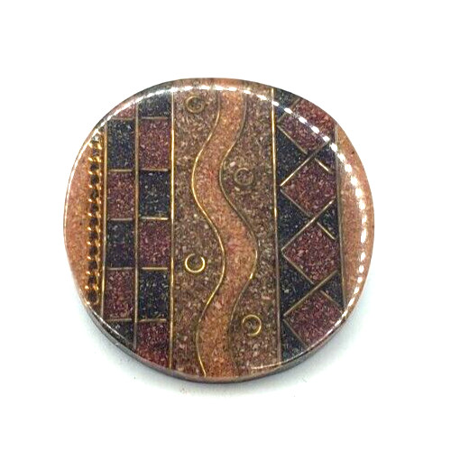 Vintage Plastic Resin Layered Brown Gold Black Round Geometric Pin 1970s