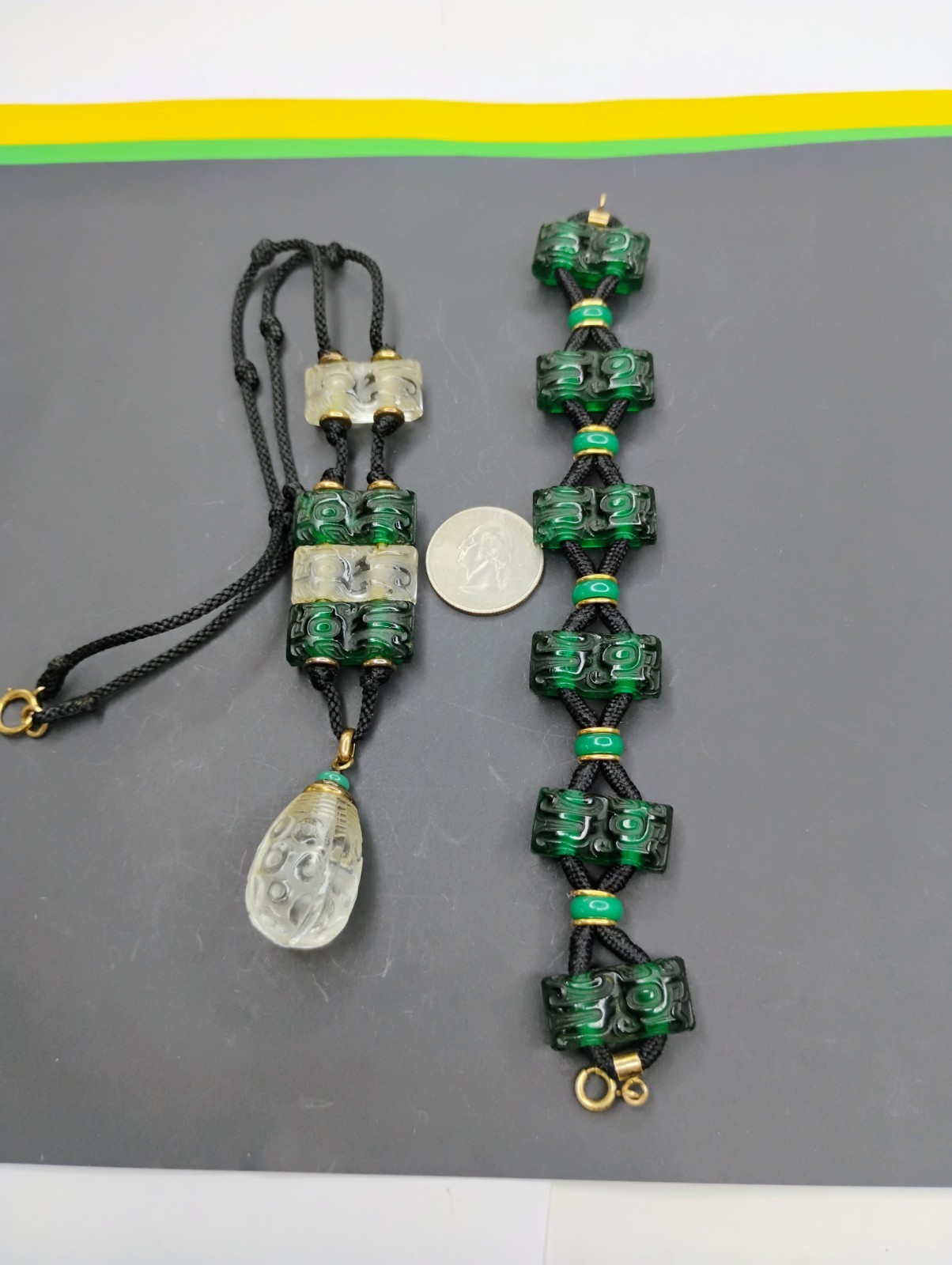 Antique 1920’s France Oreum Metal And Glass Necklace & Bracelet Set