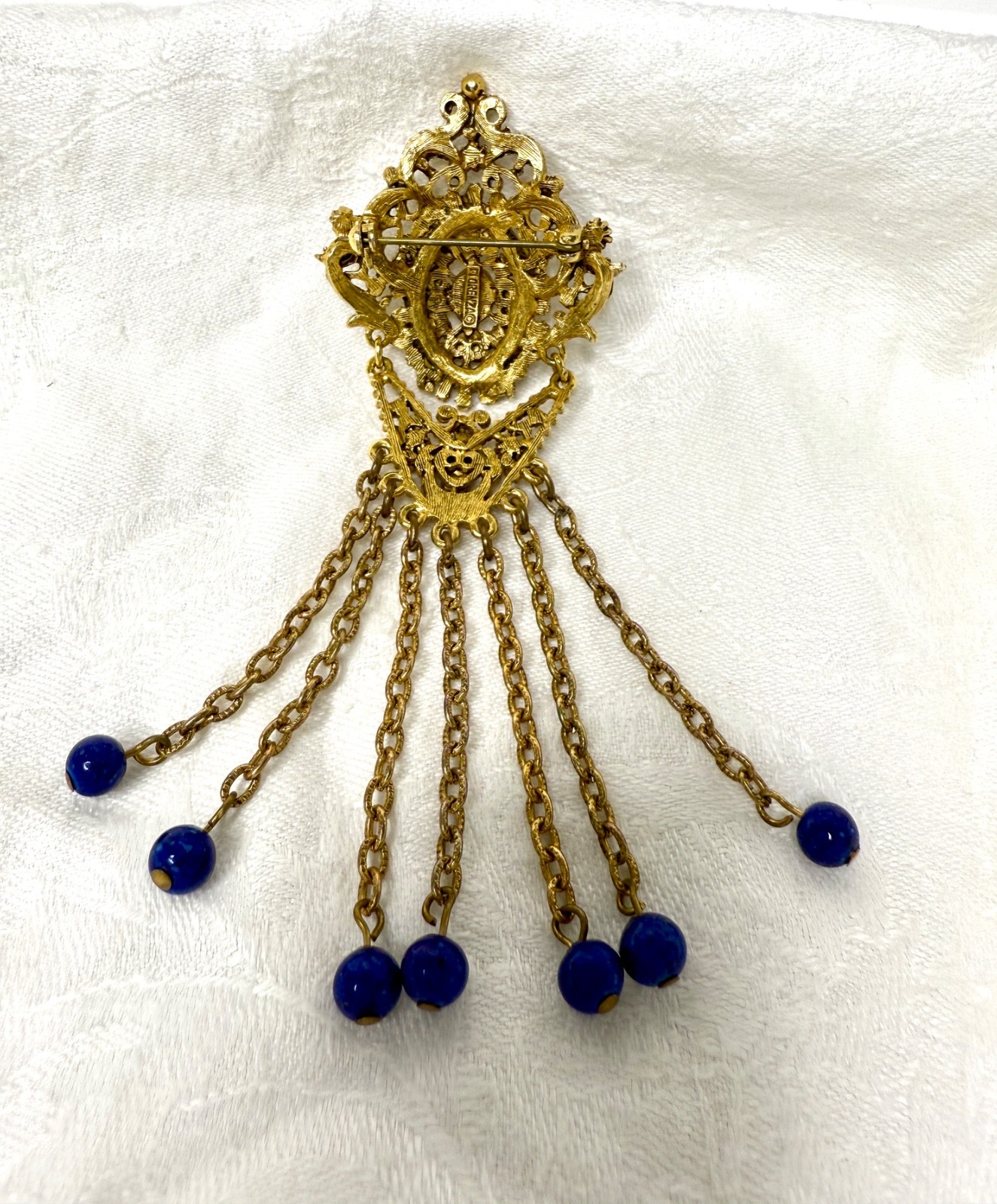 Vintage Florenza Filigree Brooch • Gold-Tone Fringe • Turquoise/Opalette