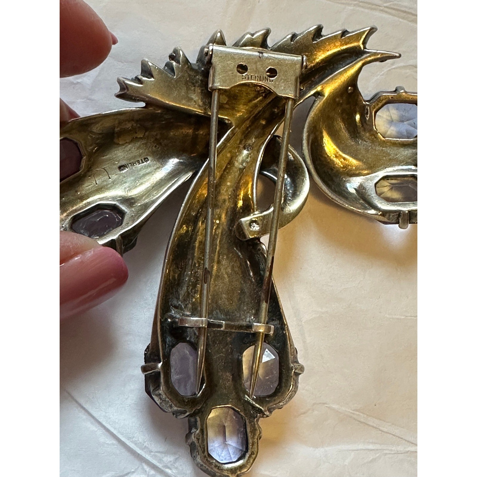 Eisenberg Original Sterling Silver Blue & Crystal Rhinestone Art Deco Clip