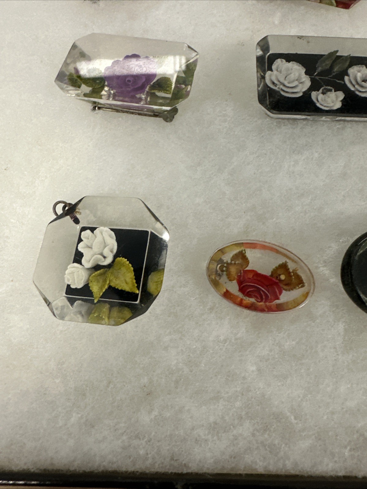 (28) Vintage Acrylic/Lucite? Hand Crafted Pressed Floral Brooch Pins, Pendants