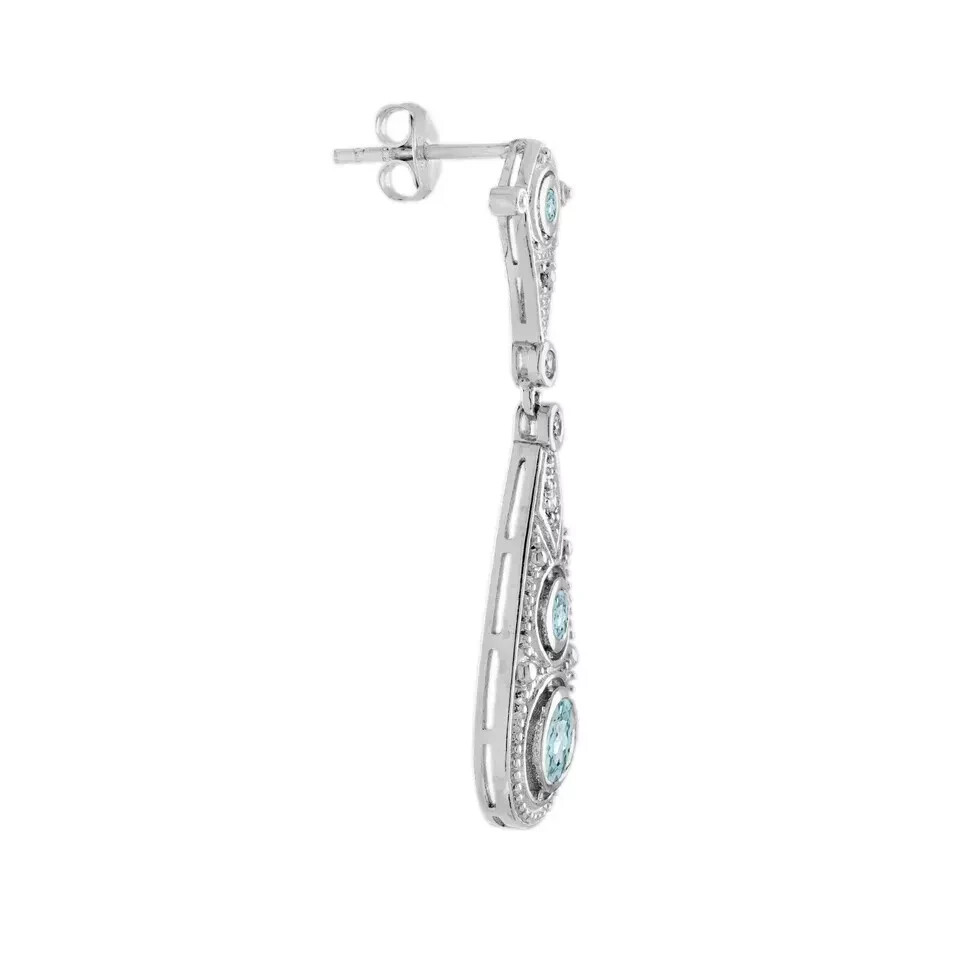 Art Deco Style Lab Created Diamond Aquamarine Drop Earring 14k White Gold Finish