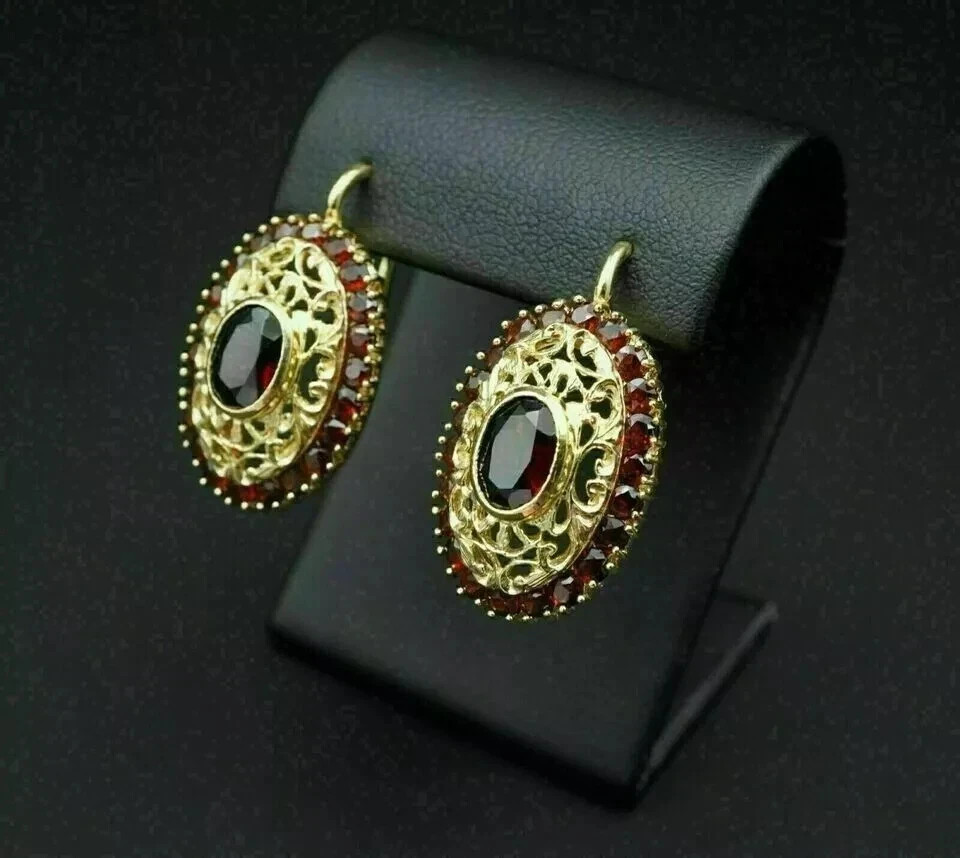 Art Deco Style Garnet & Lab Created Diamond 14K Yellow Gold FN Wedding Earring