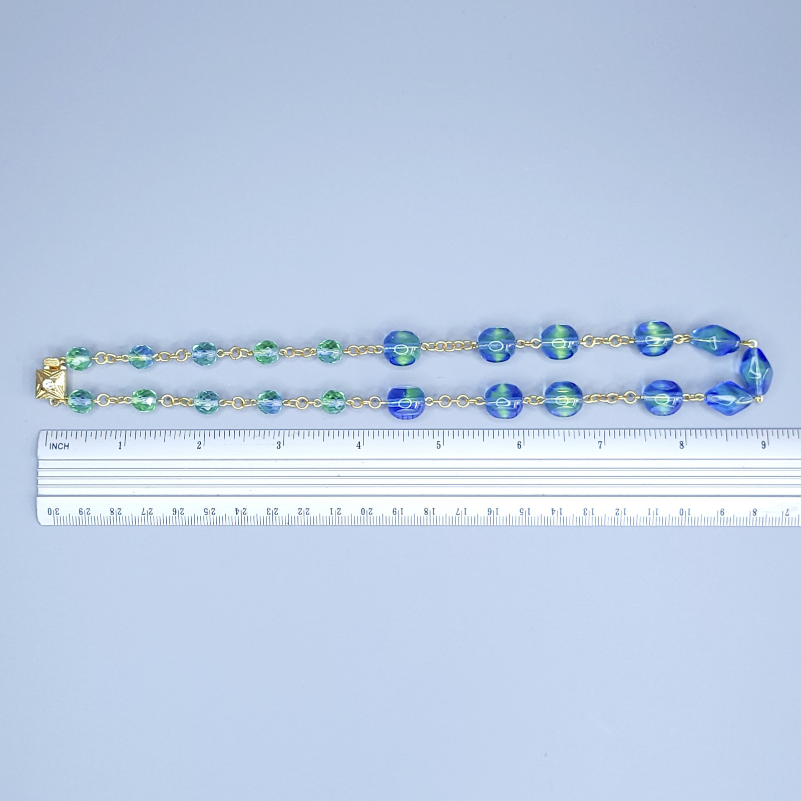 Uranium Necklace 18” Vaseline Blue Glass Czech Vintage Beads Women`s Jewelry