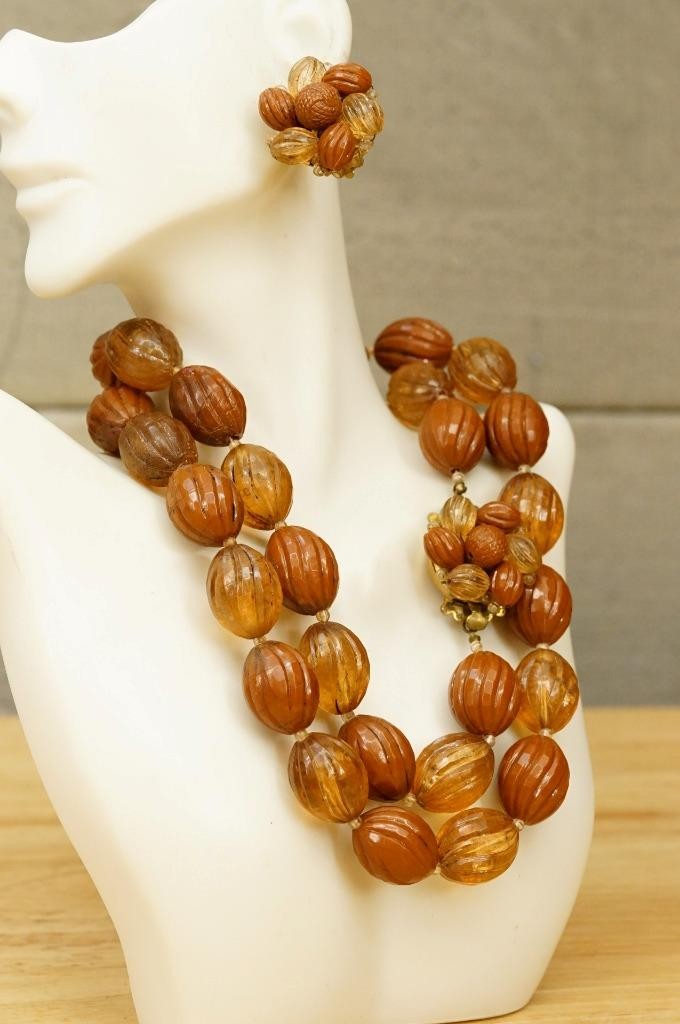 Vintage Hong Kong Costume Jewelry Amber Brown Beaded Celluloid Lucite Necklace