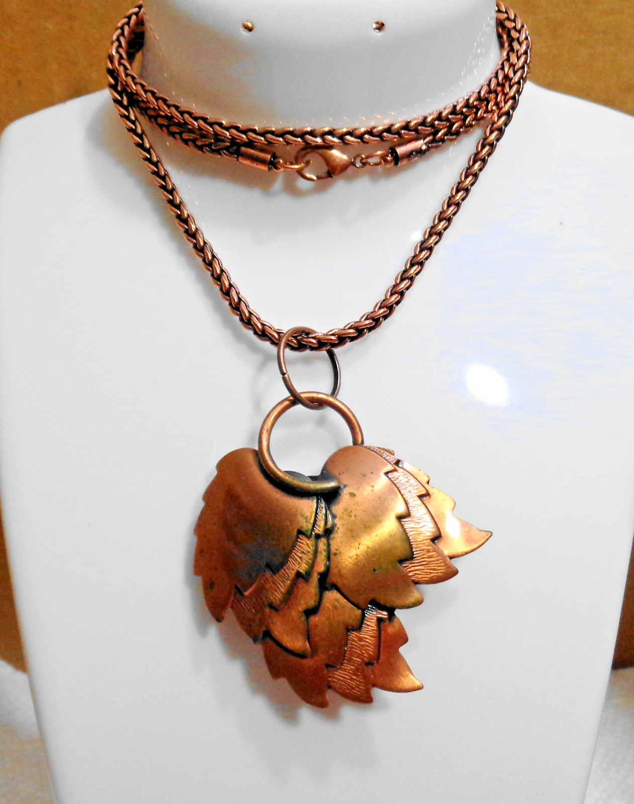 Vintage Solid Copper Renoir 3 Triple Leaf Brooch/Pendant w/24″ Fox Tail Chain